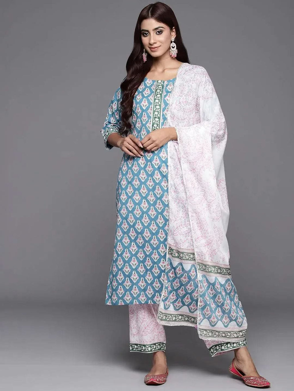 Blue Printed Cotton Straight Kurta With Trousers & Dupatta