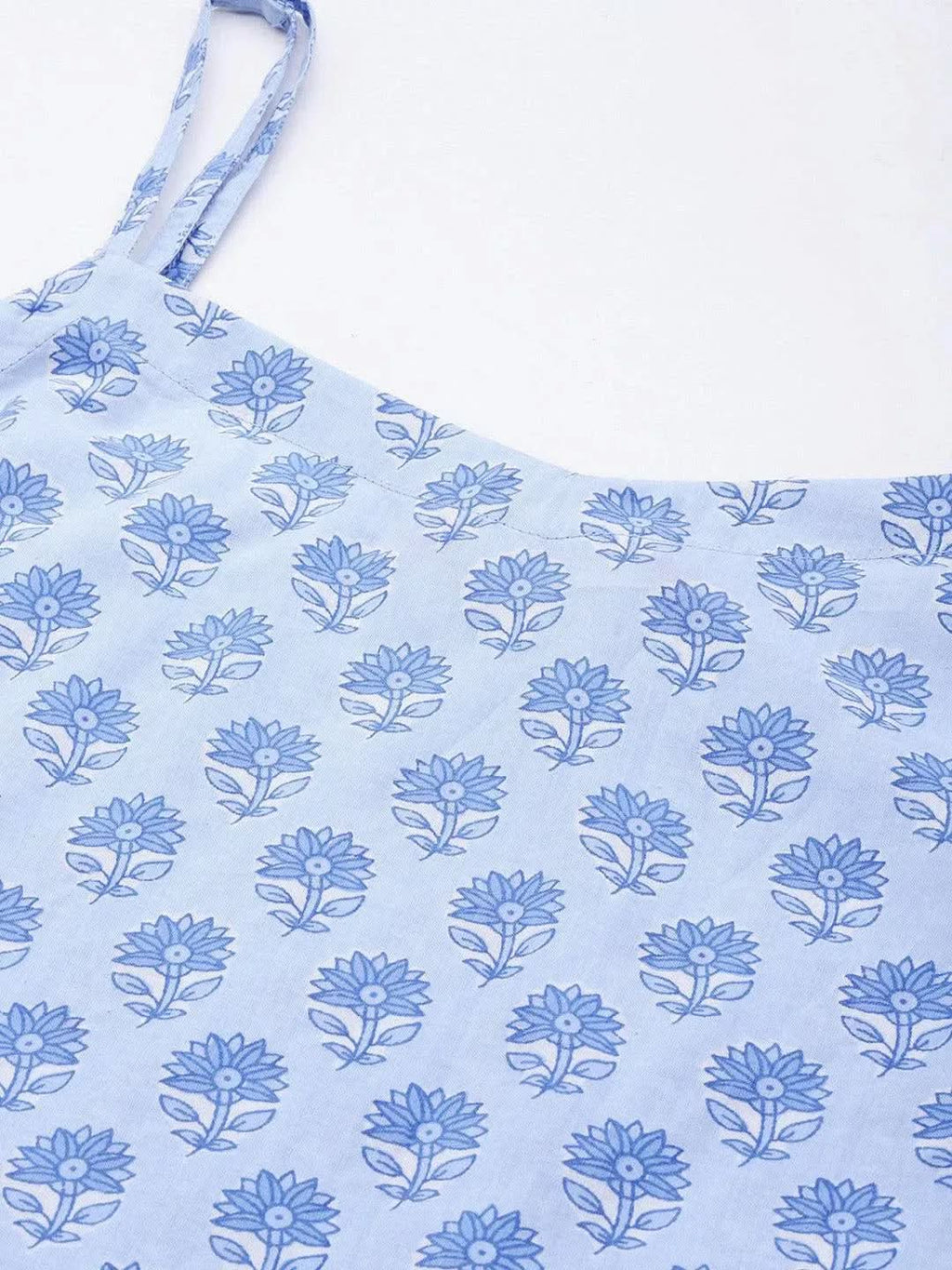 Blue Printed Cotton Straight Kurta With Trousers & Dupatta