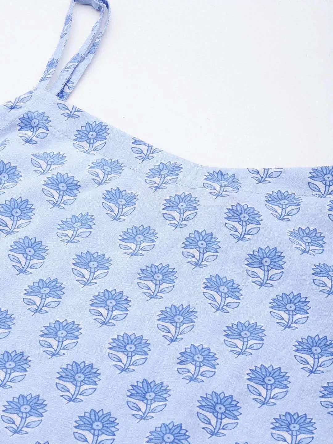 Blue Printed Cotton Straight Kurta With Trousers & Dupatta