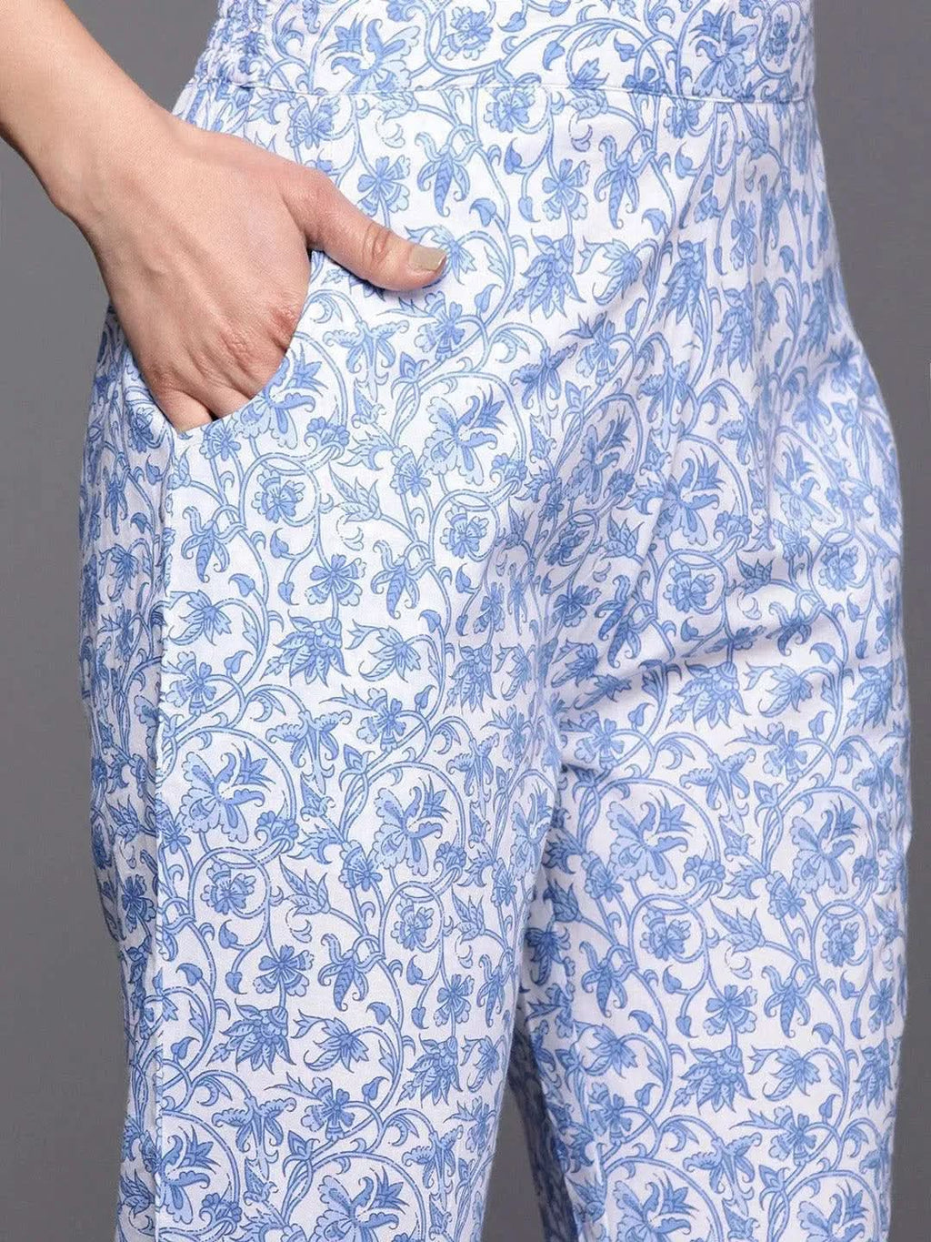 Blue Printed Cotton Straight Kurta With Trousers & Dupatta