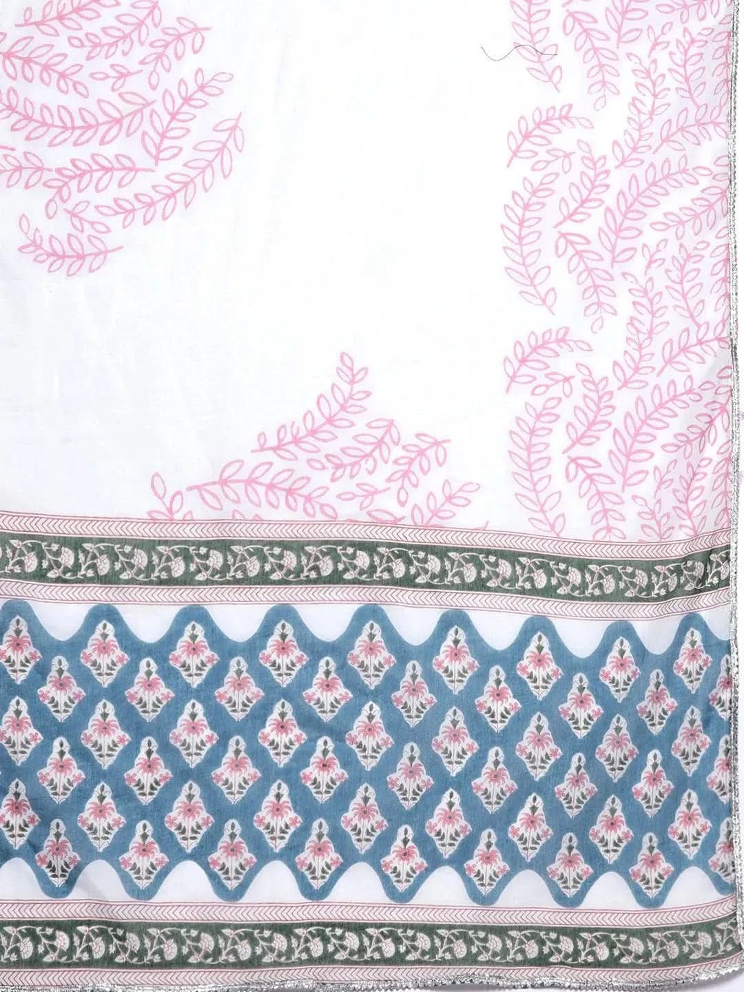 Blue Printed Cotton Straight Kurta With Trousers & Dupatta