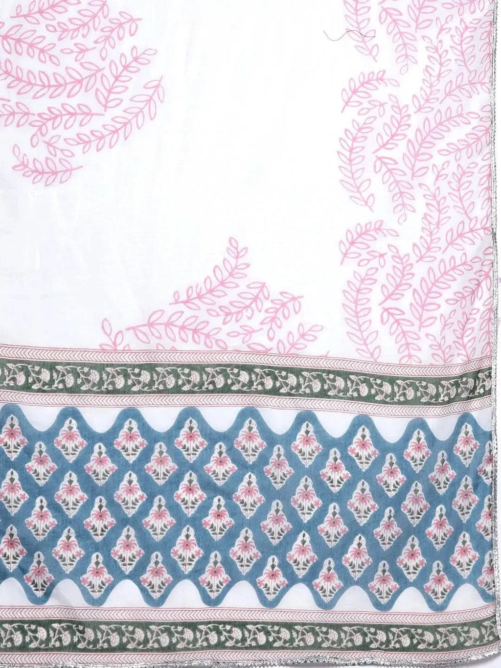 Blue Printed Cotton Straight Kurta With Trousers & Dupatta