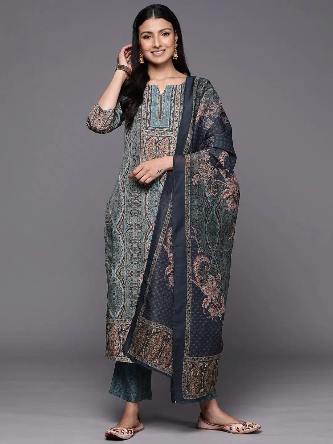Blue Printed Crepe Straight Kurta With Trousers & Dupatta
