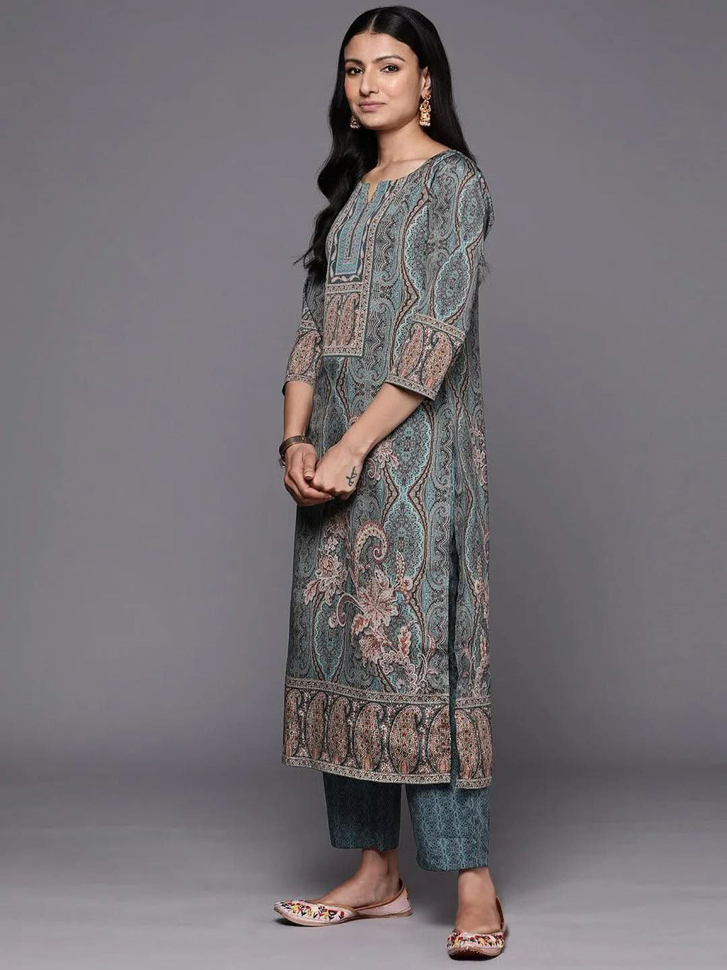 Blue Printed Crepe Straight Kurta With Trousers & Dupatta