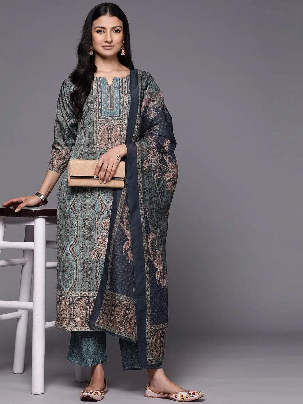 Blue Printed Crepe Straight Kurta With Trousers & Dupatta