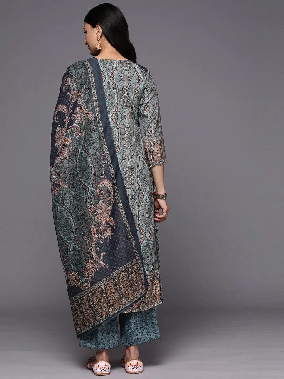 Blue Printed Crepe Straight Kurta With Trousers & Dupatta
