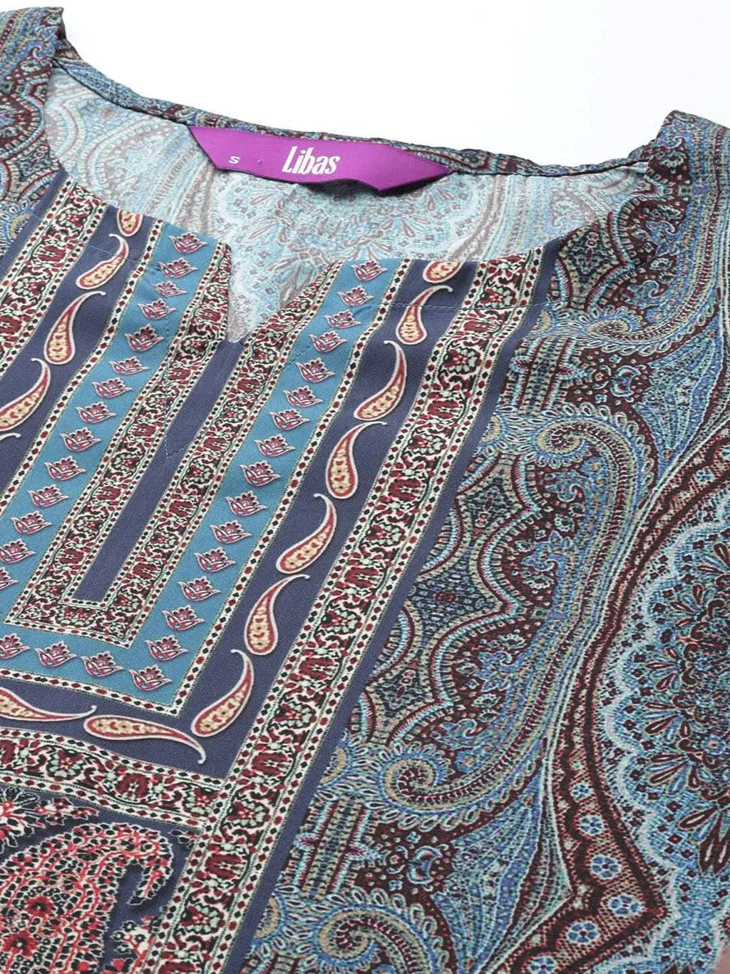 Blue Printed Crepe Straight Kurta With Trousers & Dupatta