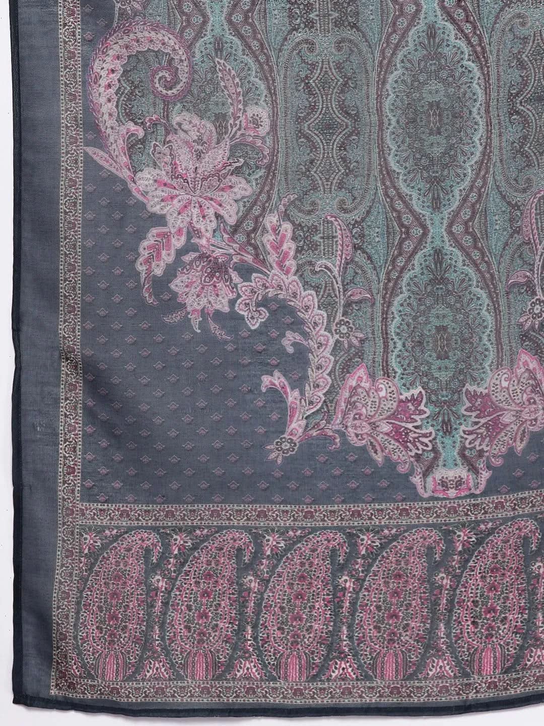 Blue Printed Crepe Straight Kurta With Trousers & Dupatta