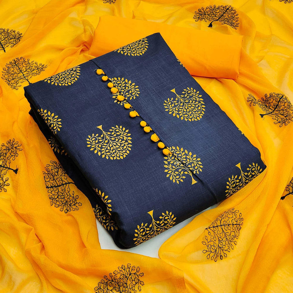 Blue Printed Cotton Blend Dress Material