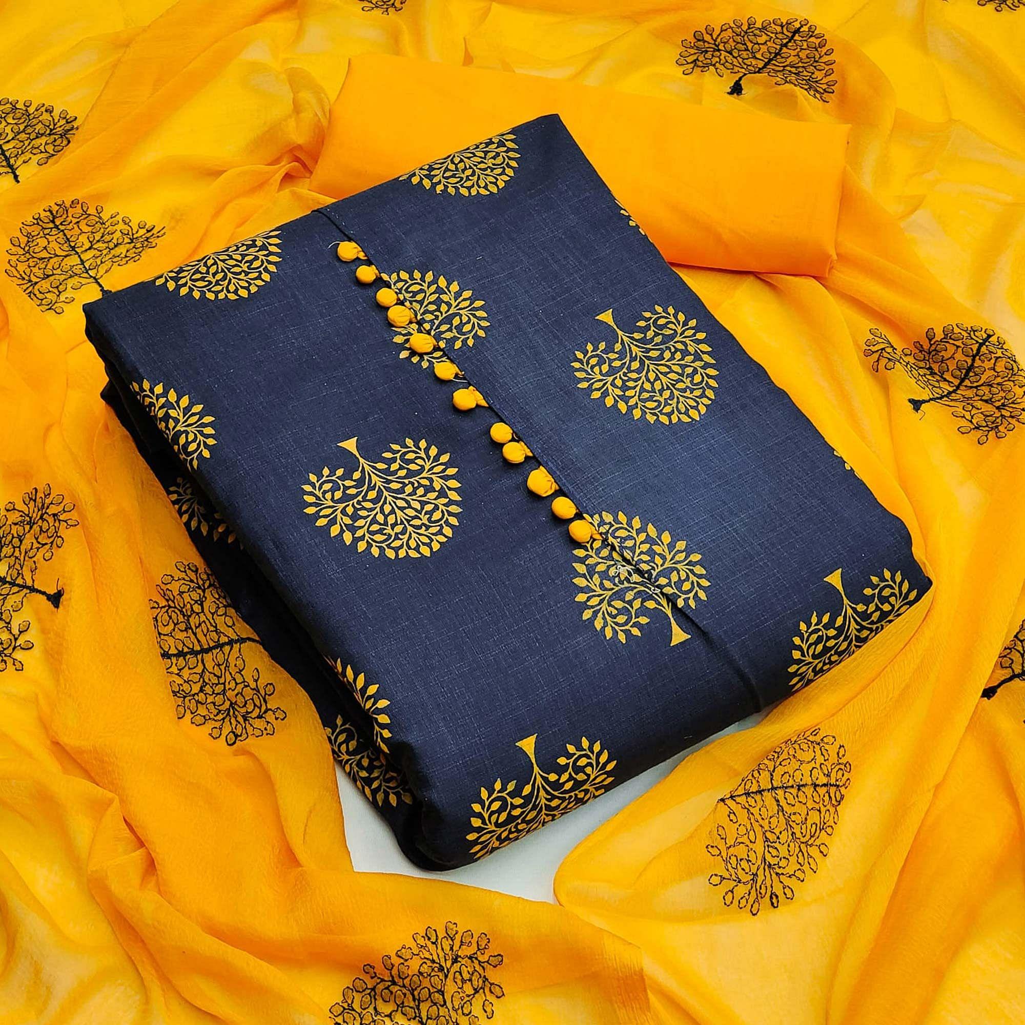 Blue Printed Cotton Blend Dress Material