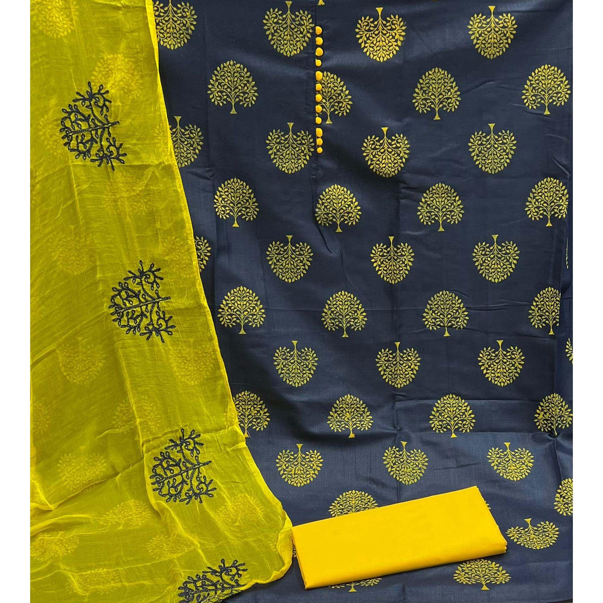 Blue Printed Cotton Blend Dress Material