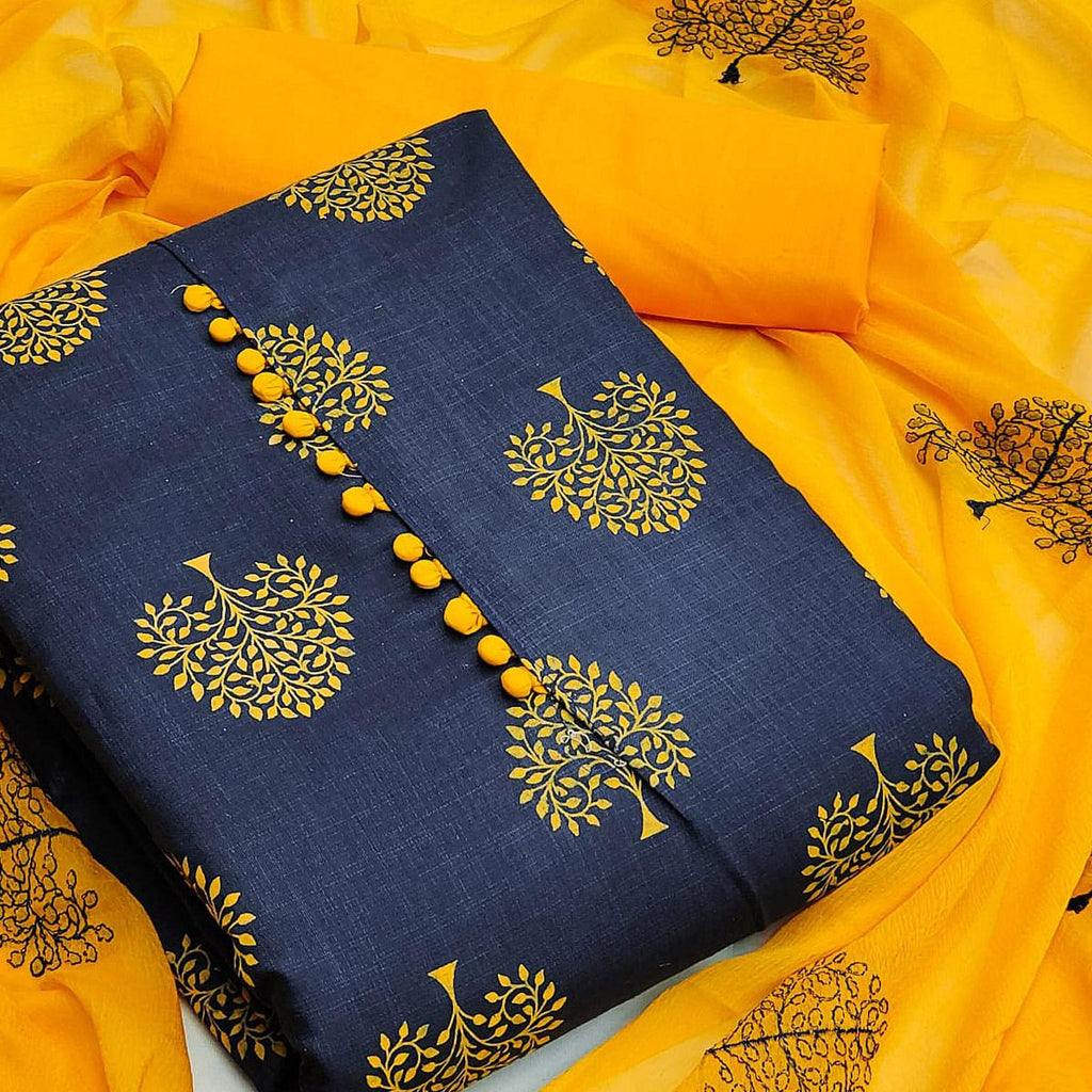 Blue Printed Cotton Blend Dress Material