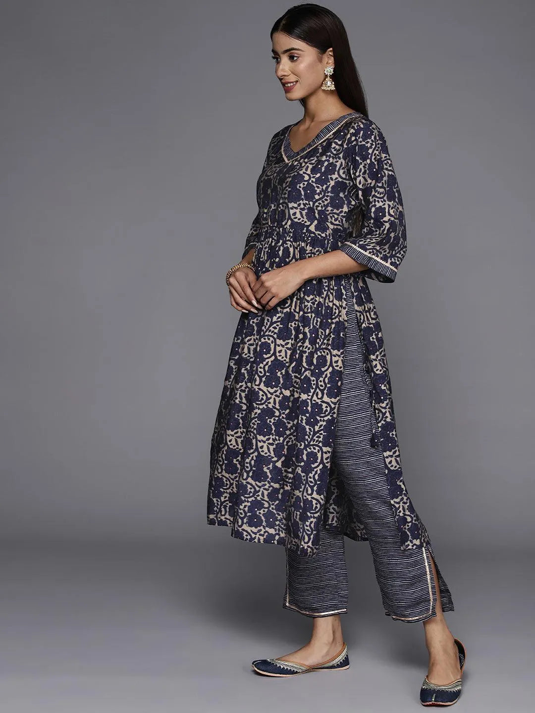 Blue Printed Silk Blend A-Line Kurta With Trousers & Dupatta