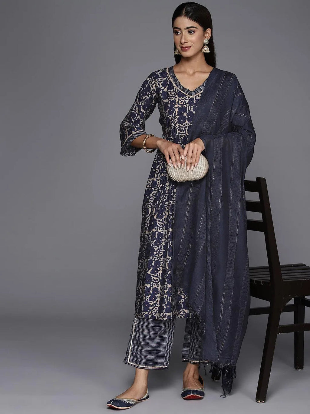 Blue Printed Silk Blend A-Line Kurta With Trousers & Dupatta