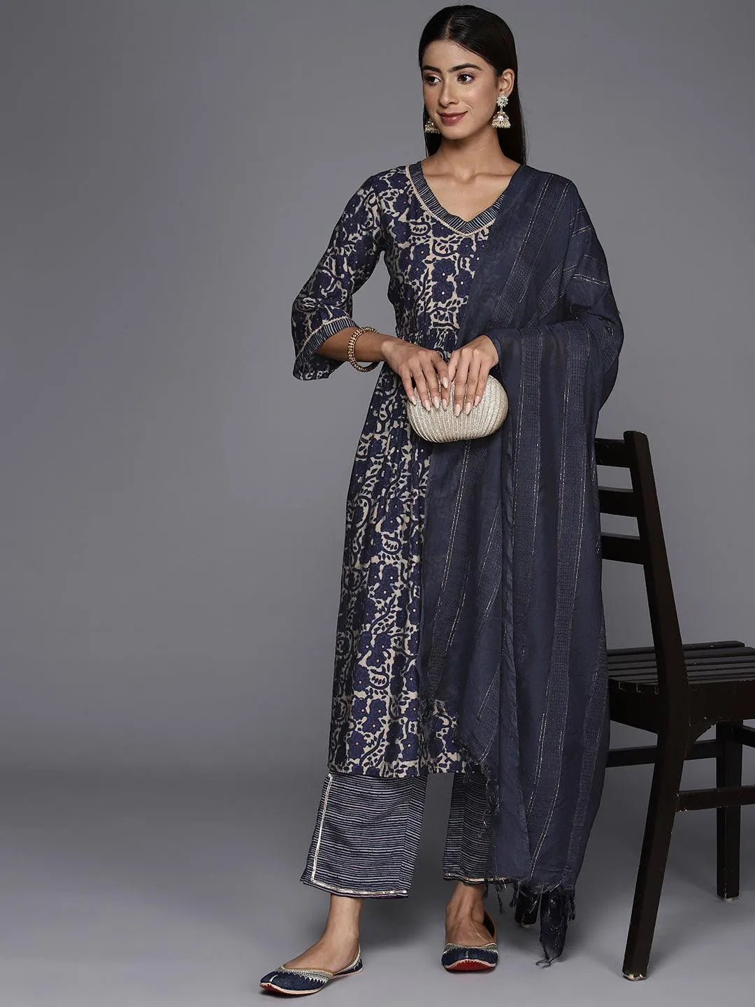 Blue Printed Silk Blend A-Line Kurta With Trousers & Dupatta