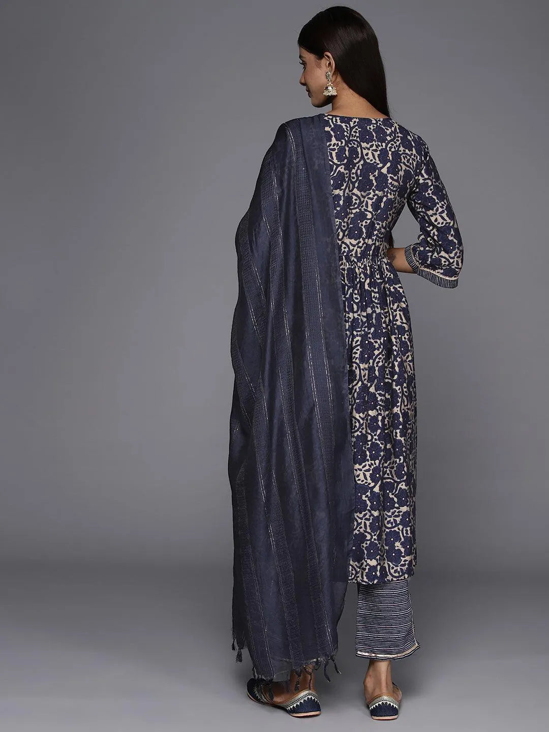 Blue Printed Silk Blend A-Line Kurta With Trousers & Dupatta