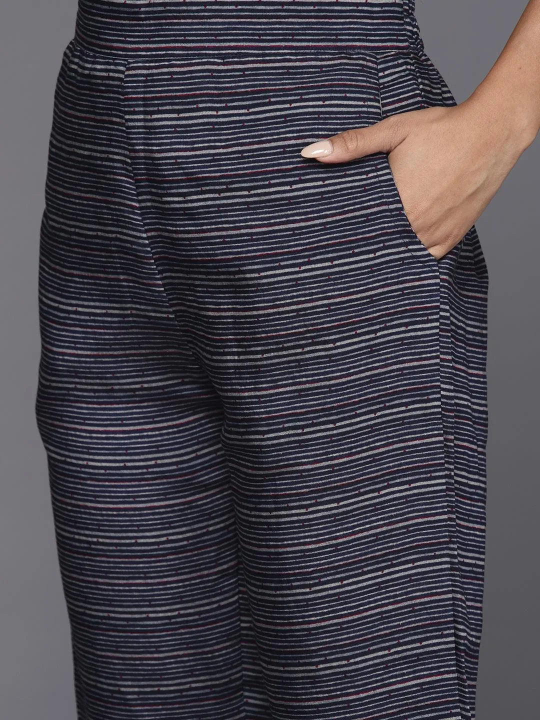 Blue Printed Silk Blend A-Line Kurta With Trousers & Dupatta