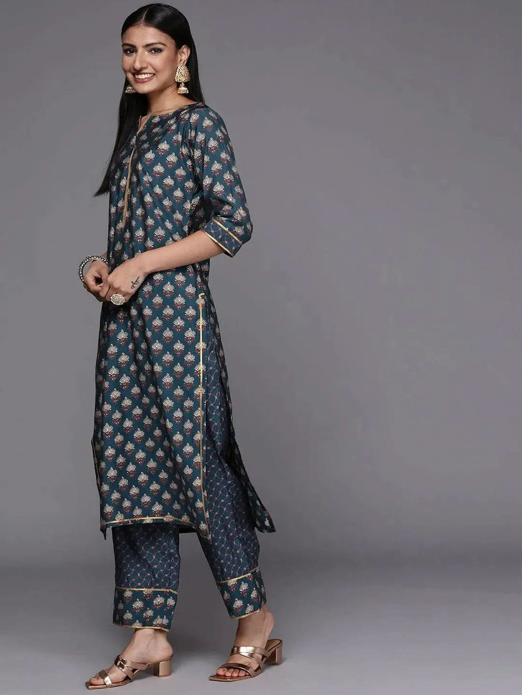 Blue Printed Silk Blend Straight Kurta With Trousers & Dupatta