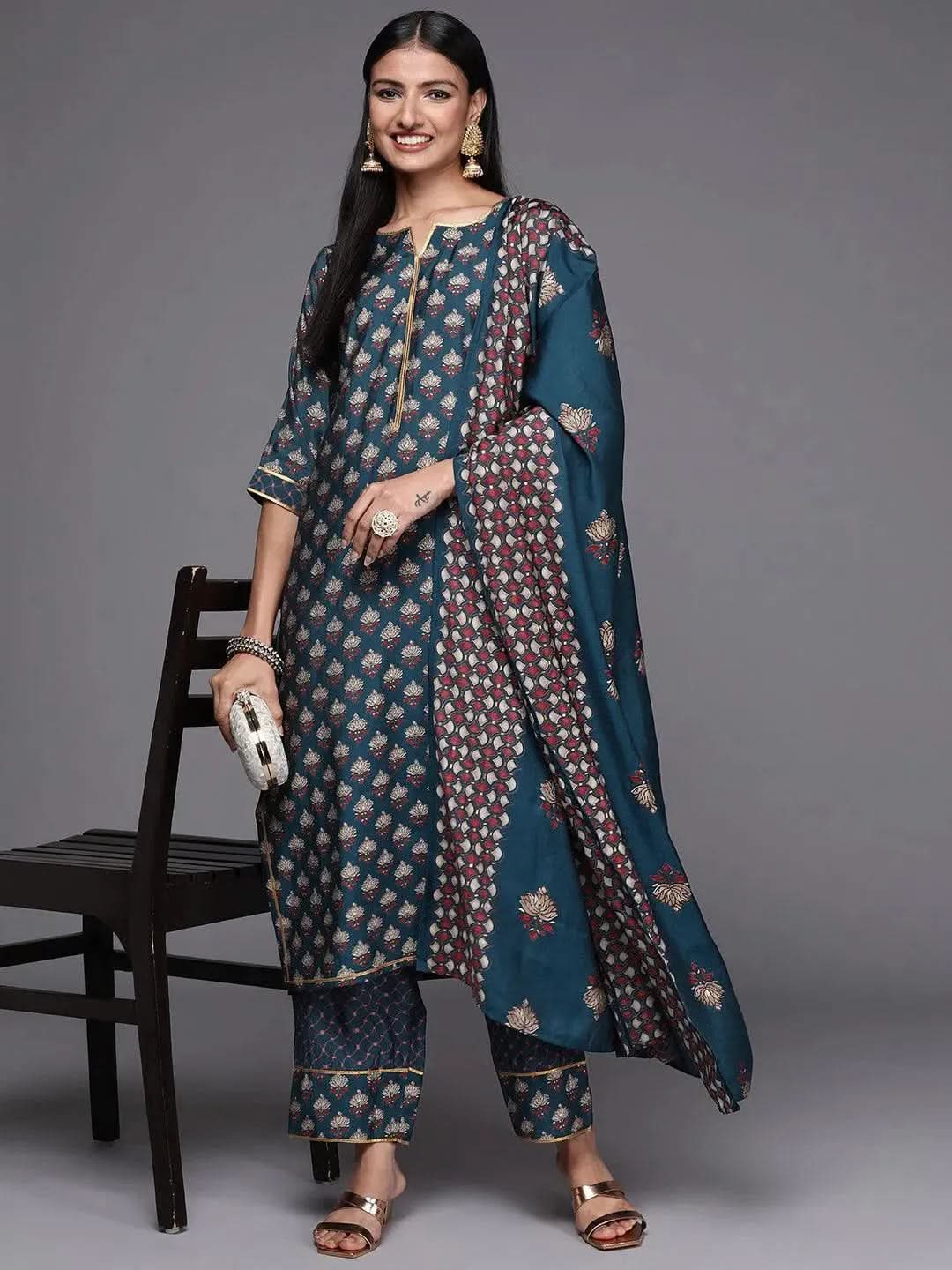 Blue Printed Silk Blend Straight Kurta With Trousers & Dupatta