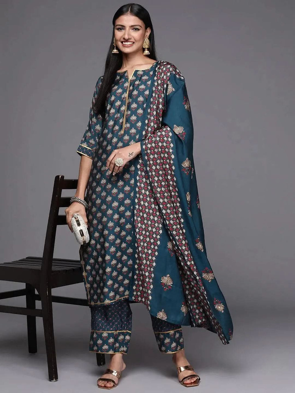 Blue Printed Silk Blend Straight Kurta With Trousers & Dupatta