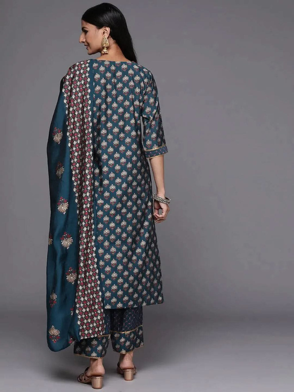 Blue Printed Silk Blend Straight Kurta With Trousers & Dupatta