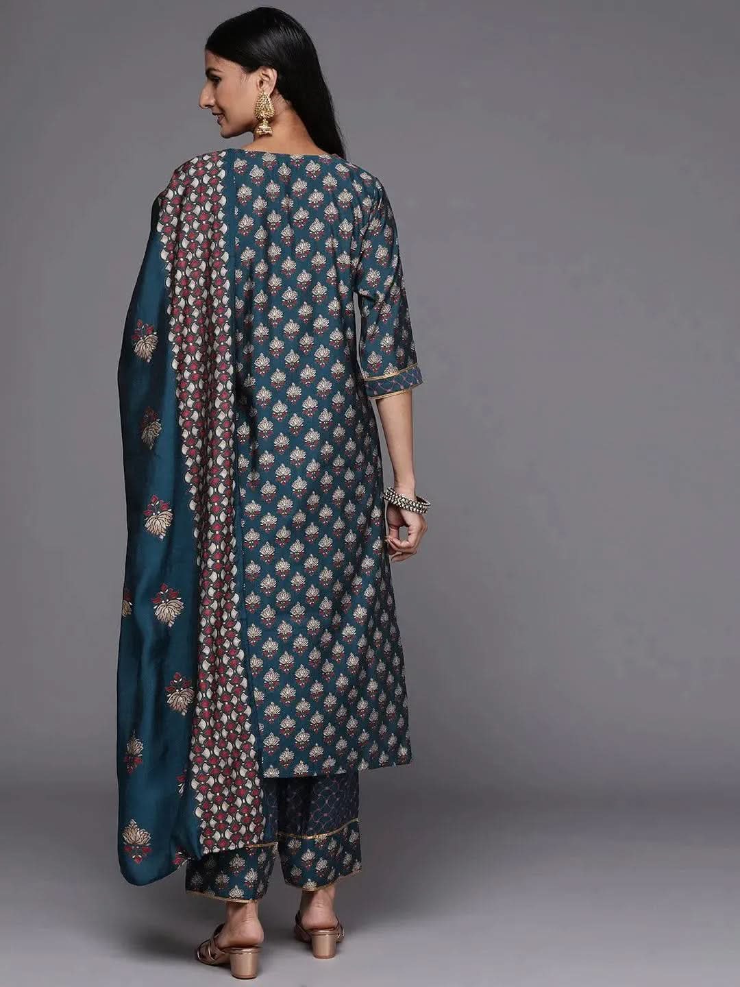 Blue Printed Silk Blend Straight Kurta With Trousers & Dupatta
