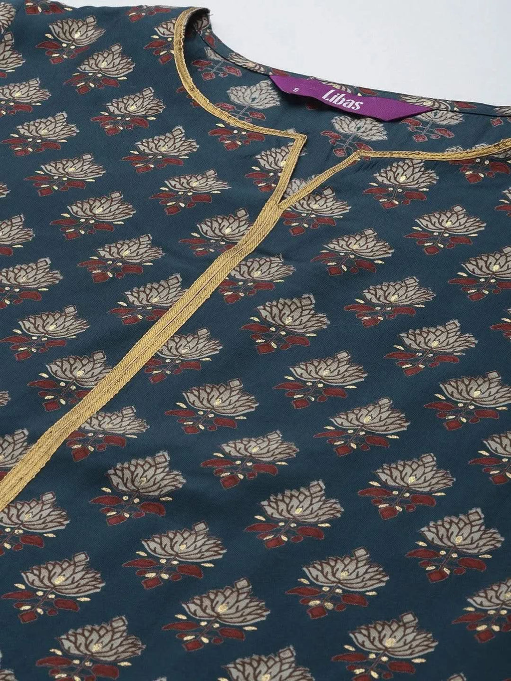 Blue Printed Silk Blend Straight Kurta With Trousers & Dupatta