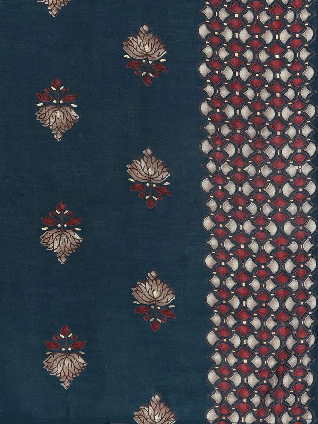 Blue Printed Silk Blend Straight Kurta With Trousers & Dupatta