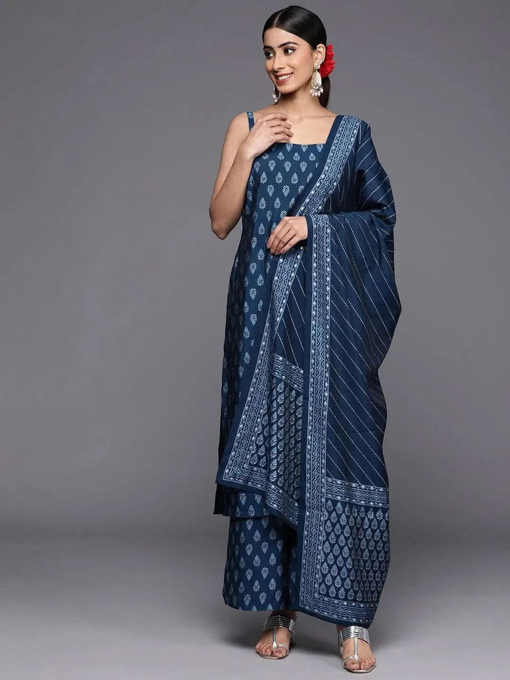 Blue Printed Silk Blend Straight Kurta With Palazzos & Dupatta