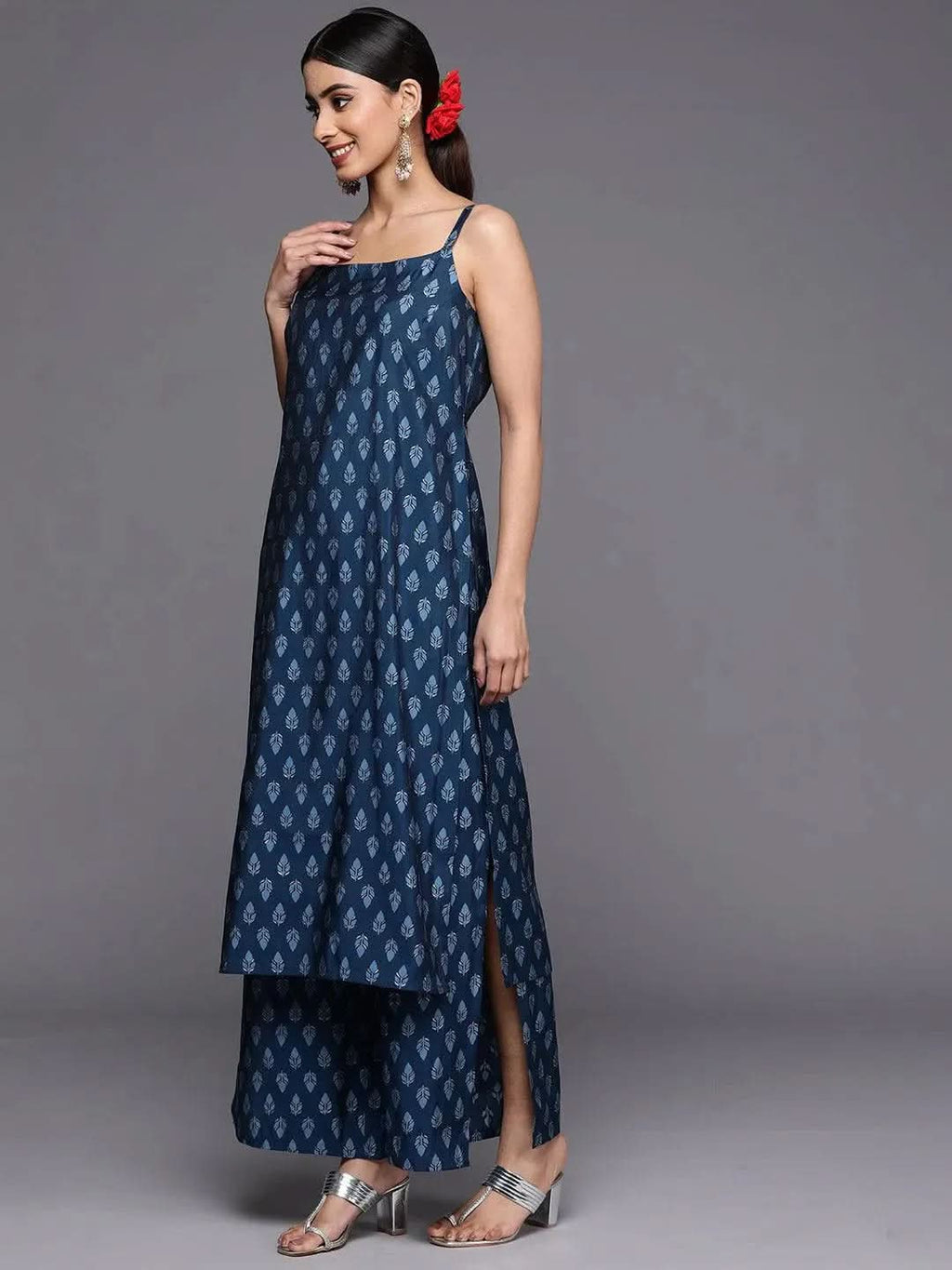 Blue Printed Silk Blend Straight Kurta With Palazzos & Dupatta