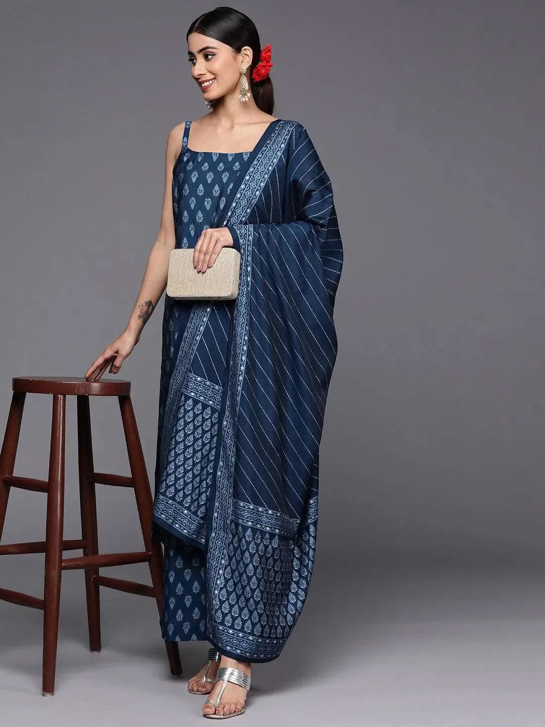 Blue Printed Silk Blend Straight Kurta With Palazzos & Dupatta