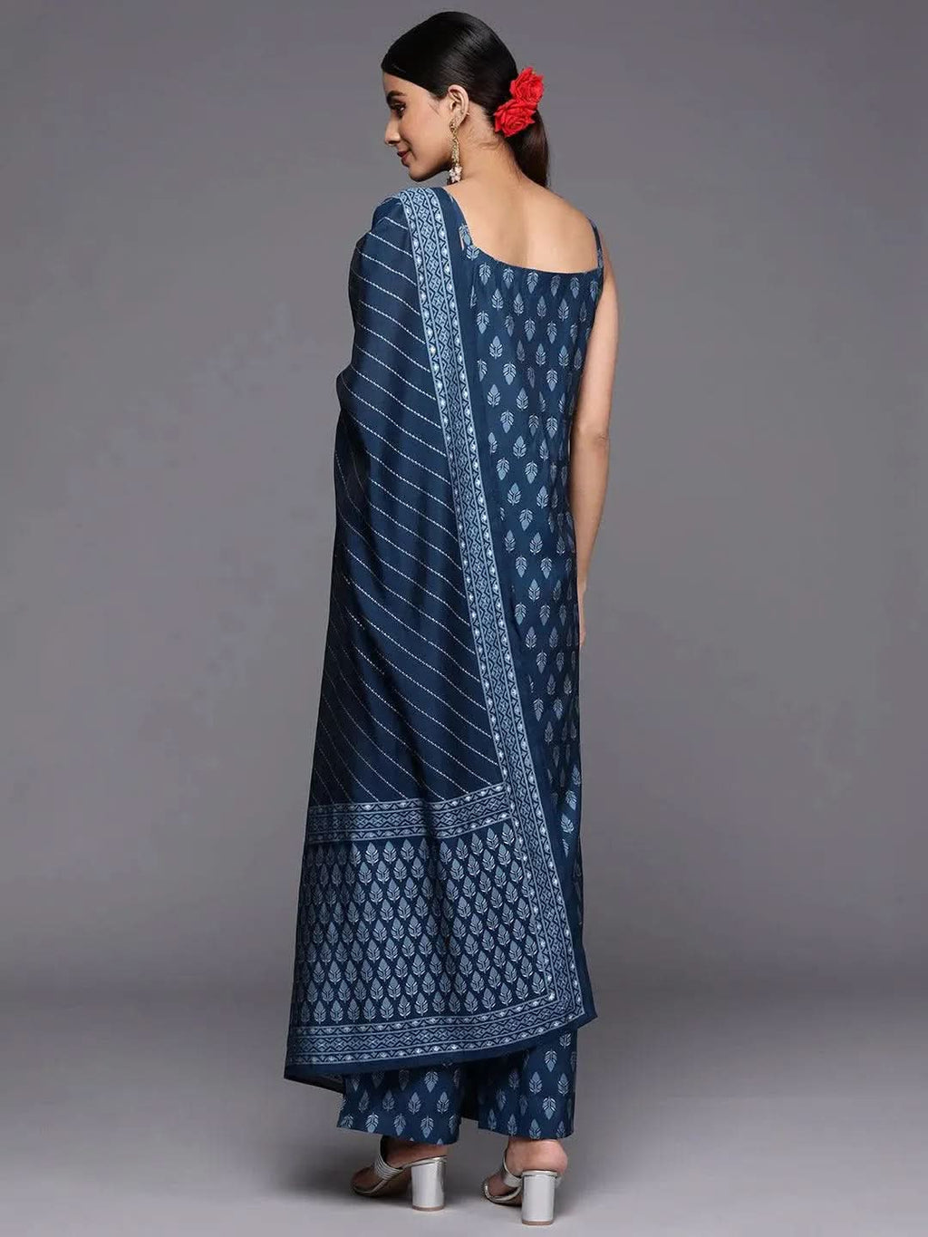 Blue Printed Silk Blend Straight Kurta With Palazzos & Dupatta