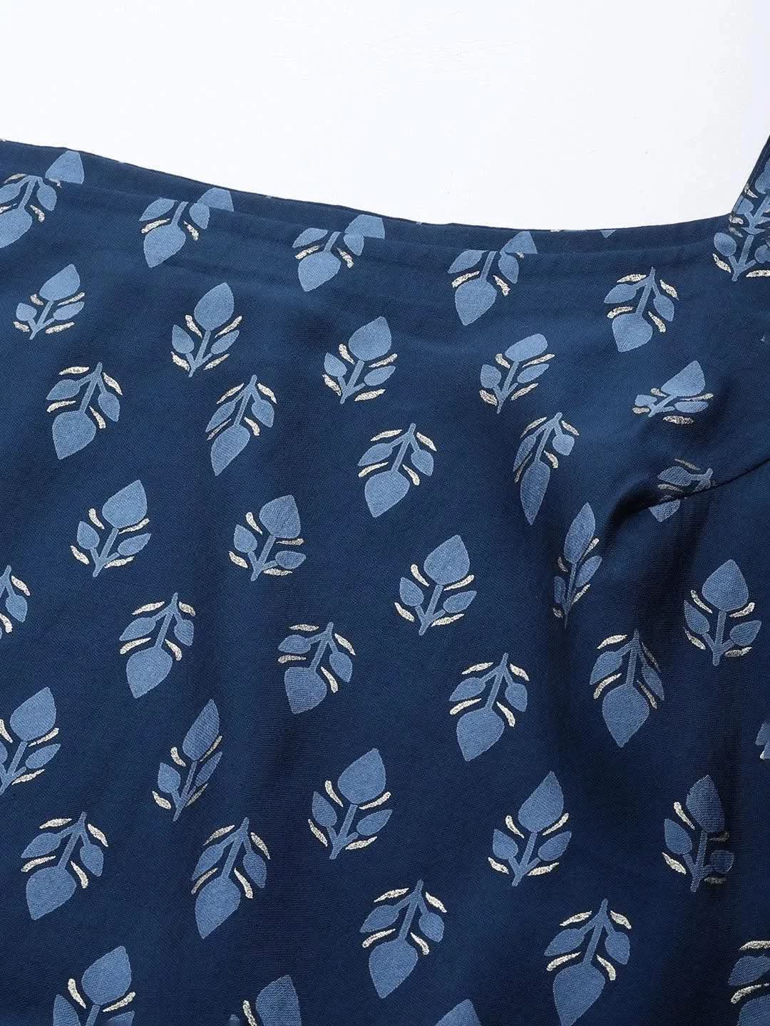 Blue Printed Silk Blend Straight Kurta With Palazzos & Dupatta