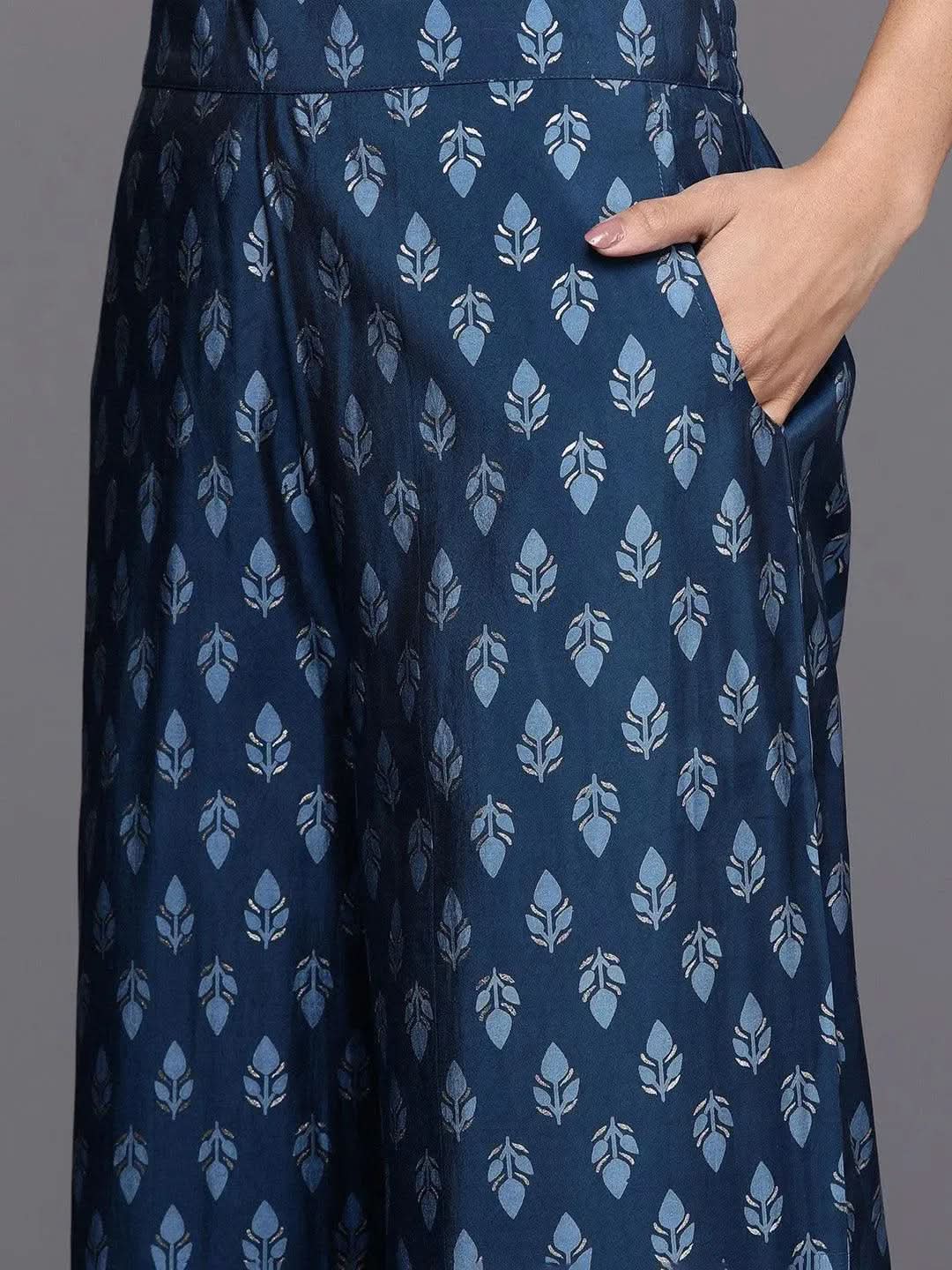 Blue Printed Silk Blend Straight Kurta With Palazzos & Dupatta