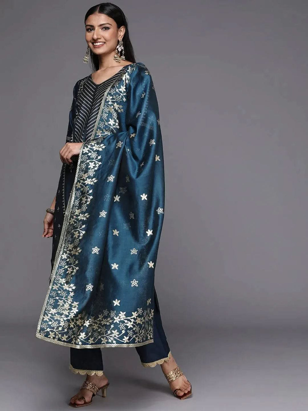 Blue Printed Silk Blend Straight Kurta With Trousers & Dupatta