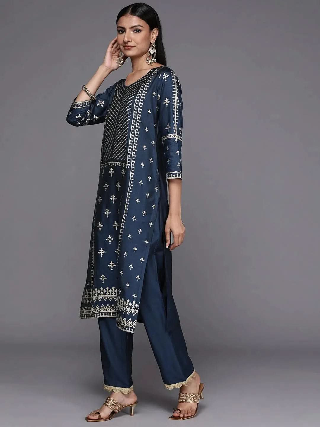 Blue Printed Silk Blend Straight Kurta With Trousers & Dupatta