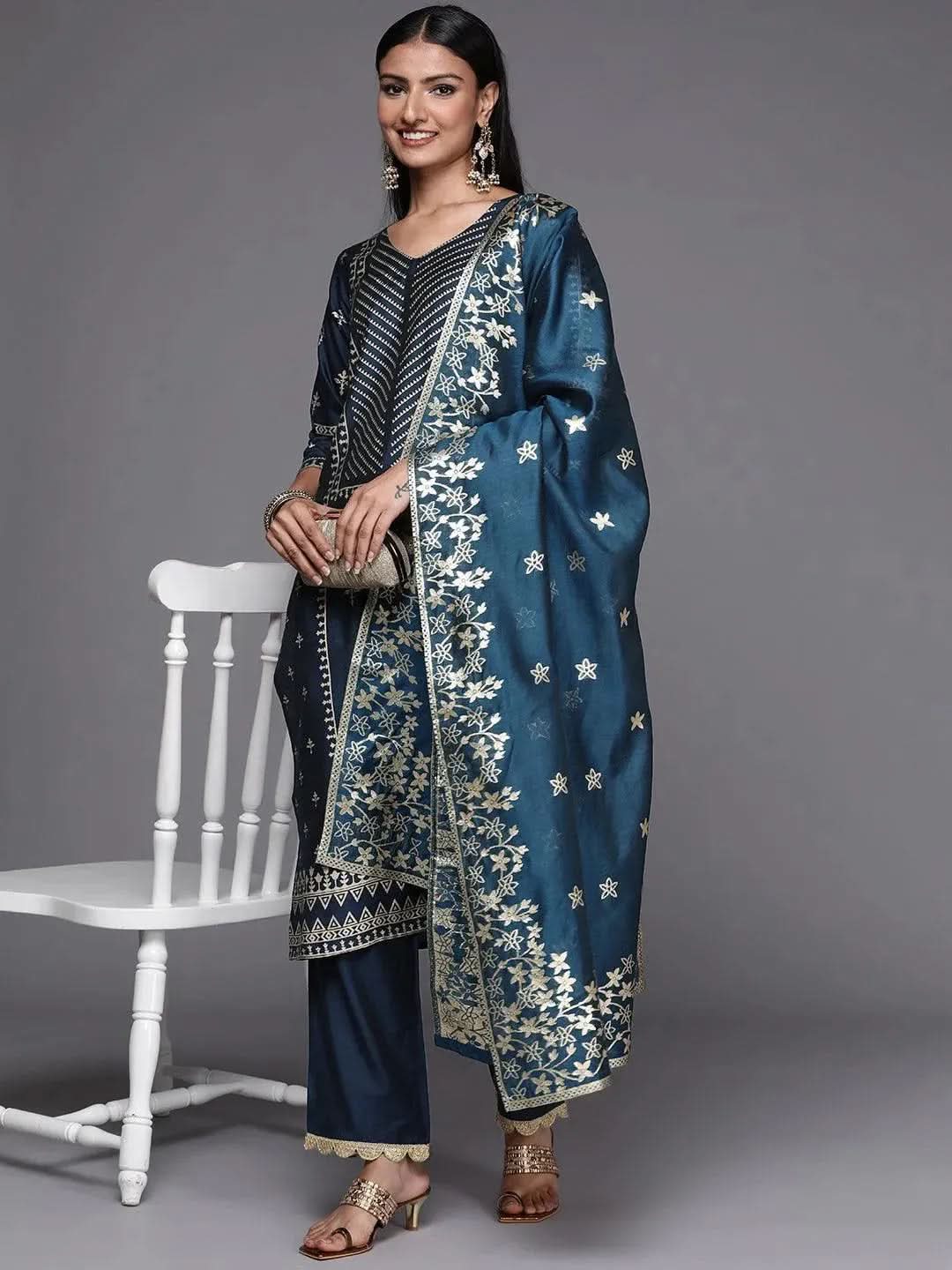 Blue Printed Silk Blend Straight Kurta With Trousers & Dupatta