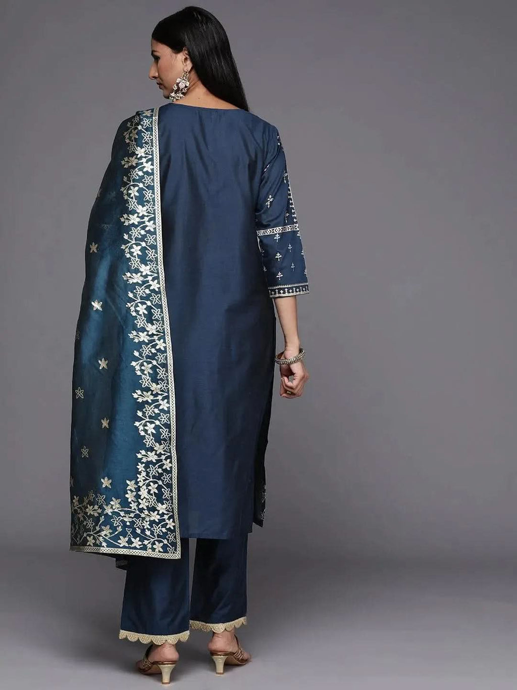 Blue Printed Silk Blend Straight Kurta With Trousers & Dupatta