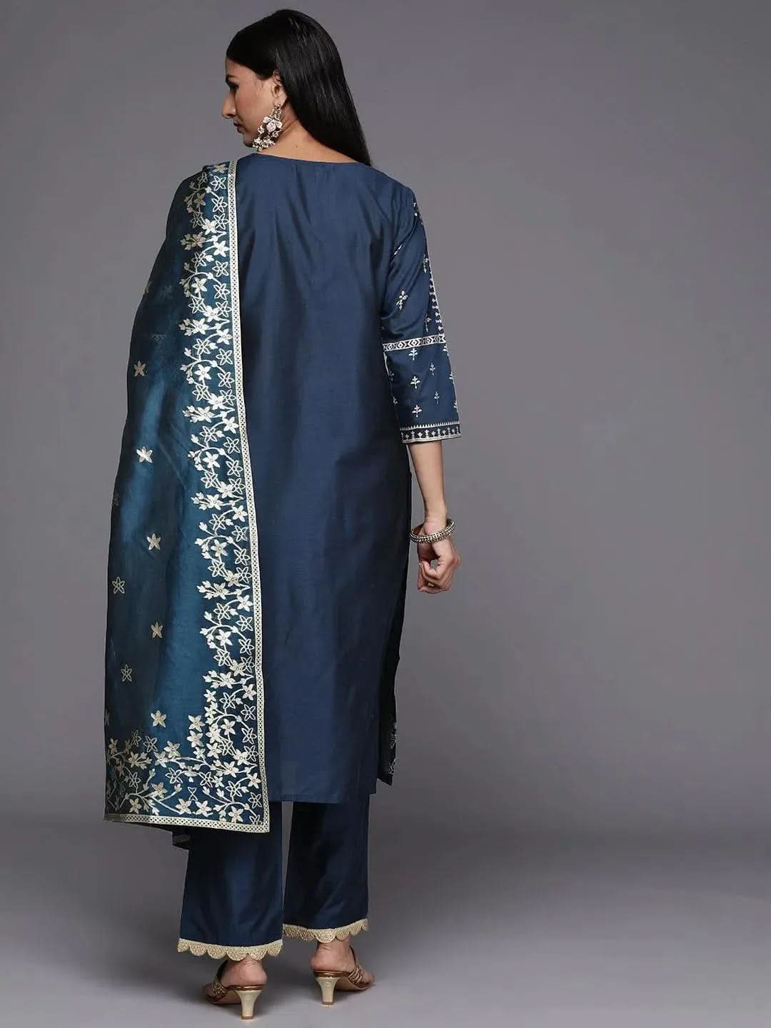 Blue Printed Silk Blend Straight Kurta With Trousers & Dupatta