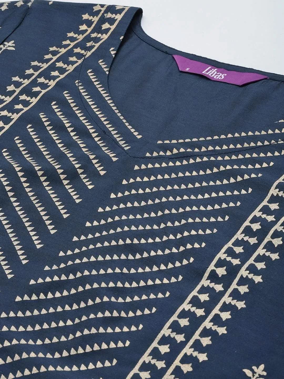 Blue Printed Silk Blend Straight Kurta With Trousers & Dupatta