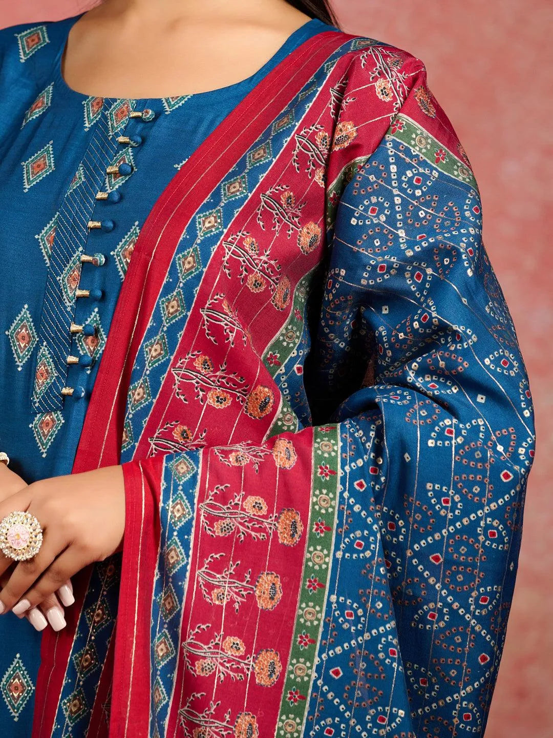 Blue Printed Silk Blend Straight Suit With Dupatta