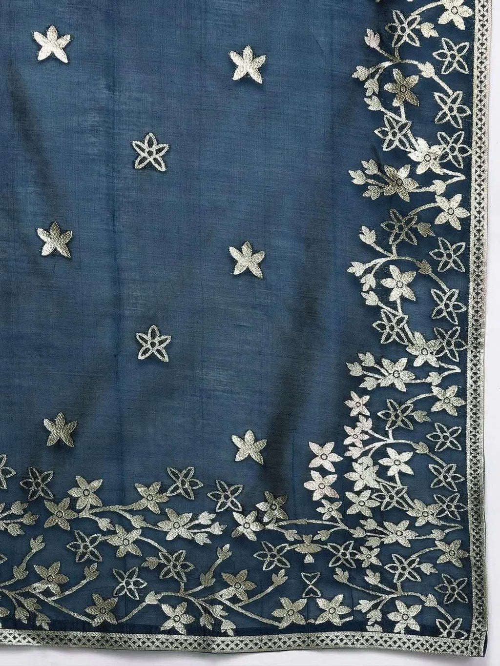 Blue Printed Silk Blend Straight Kurta With Trousers & Dupatta
