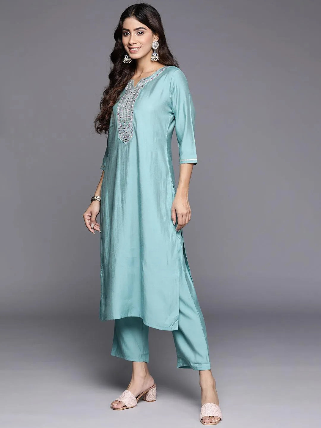 Blue Yoke Design Silk Blend Straight Suit With Dupatta