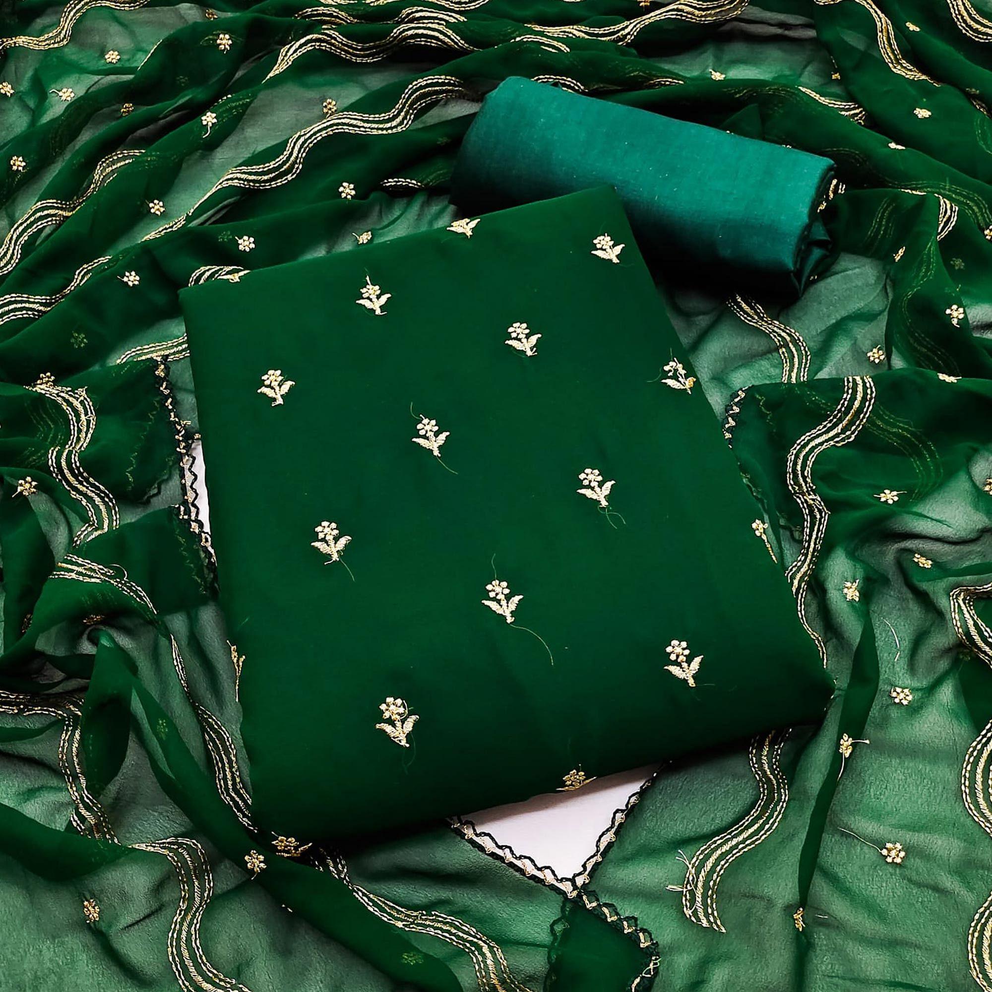 Bottle Green Embroidered Georgette Dress Material