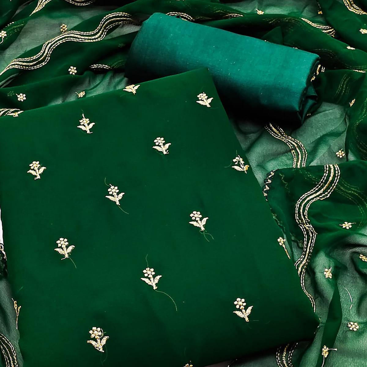Bottle Green Embroidered Georgette Dress Material
