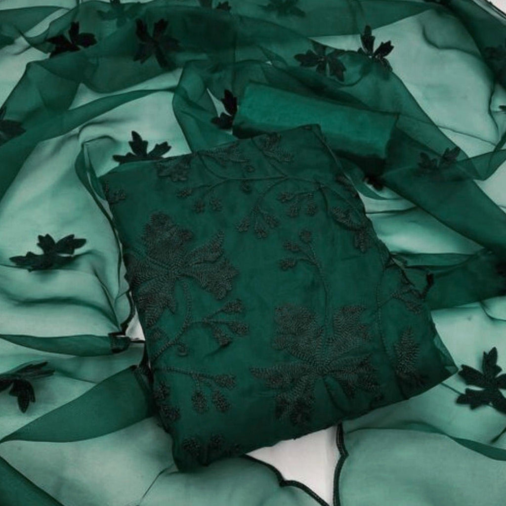 Bottle Green Embroidered Organza Dress Material