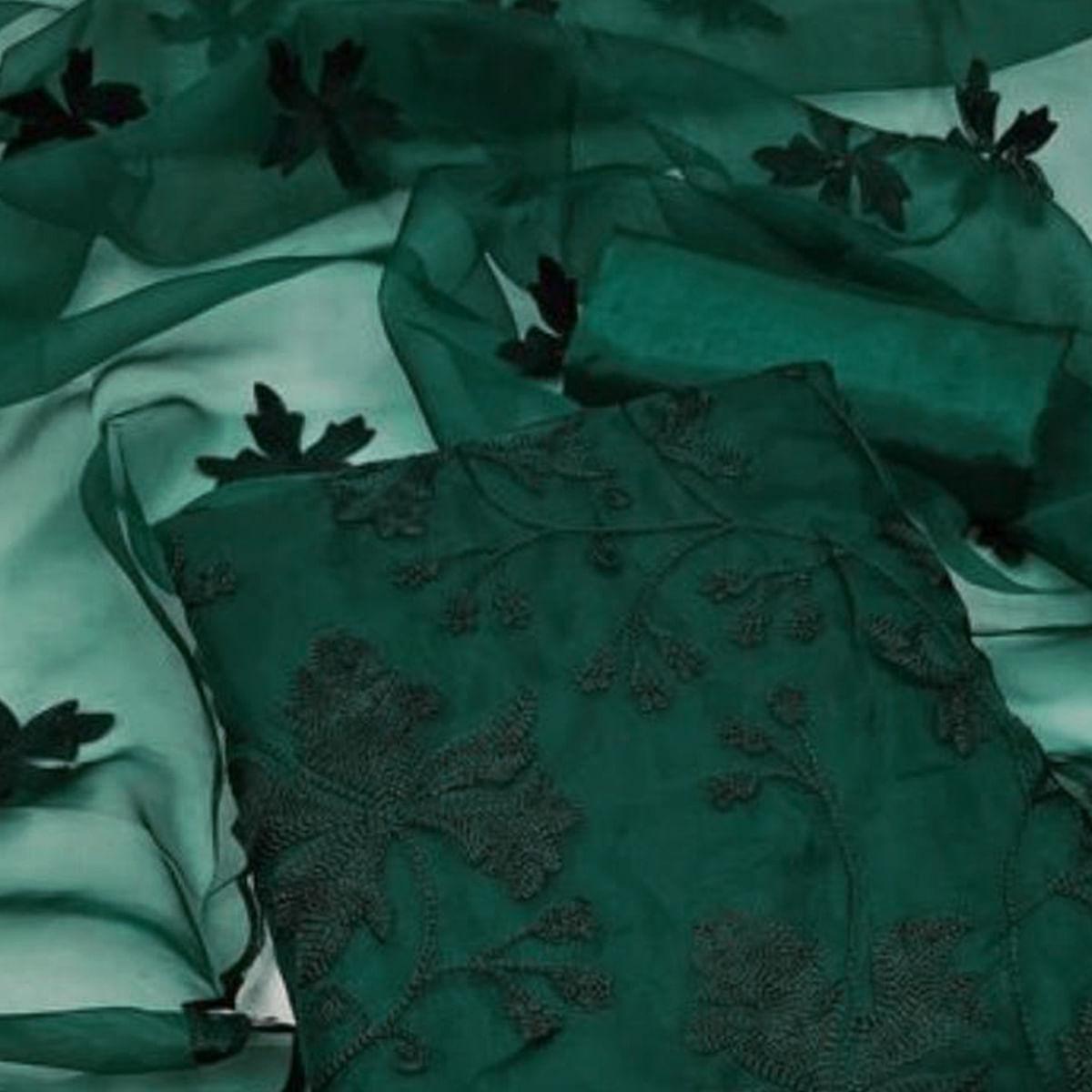 Bottle Green Embroidered Organza Dress Material