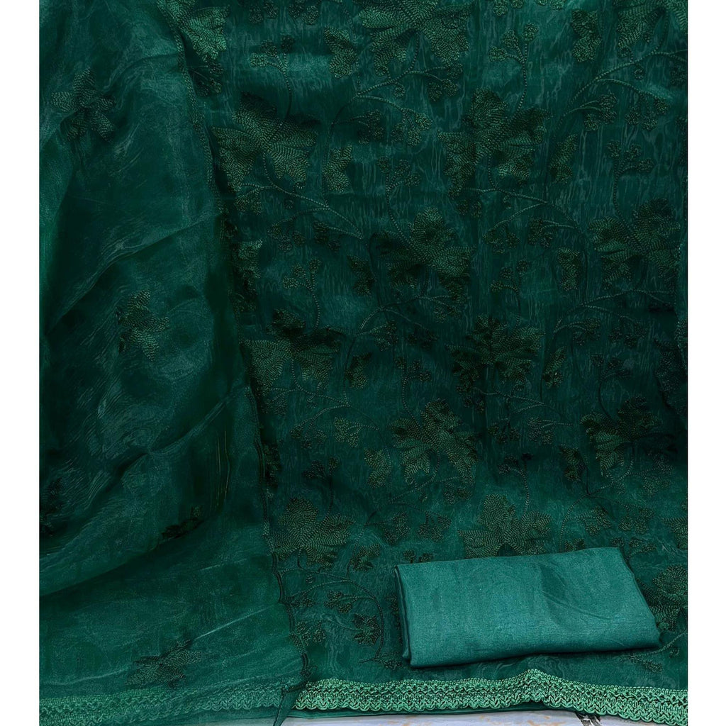 Bottle Green Embroidered Organza Dress Material