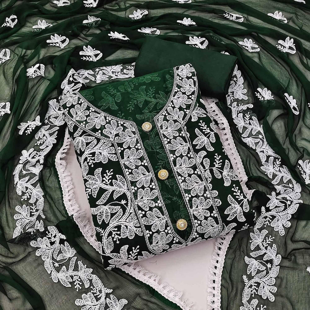 Bottle Green Lucknowi Embroidered Modal Dress Material