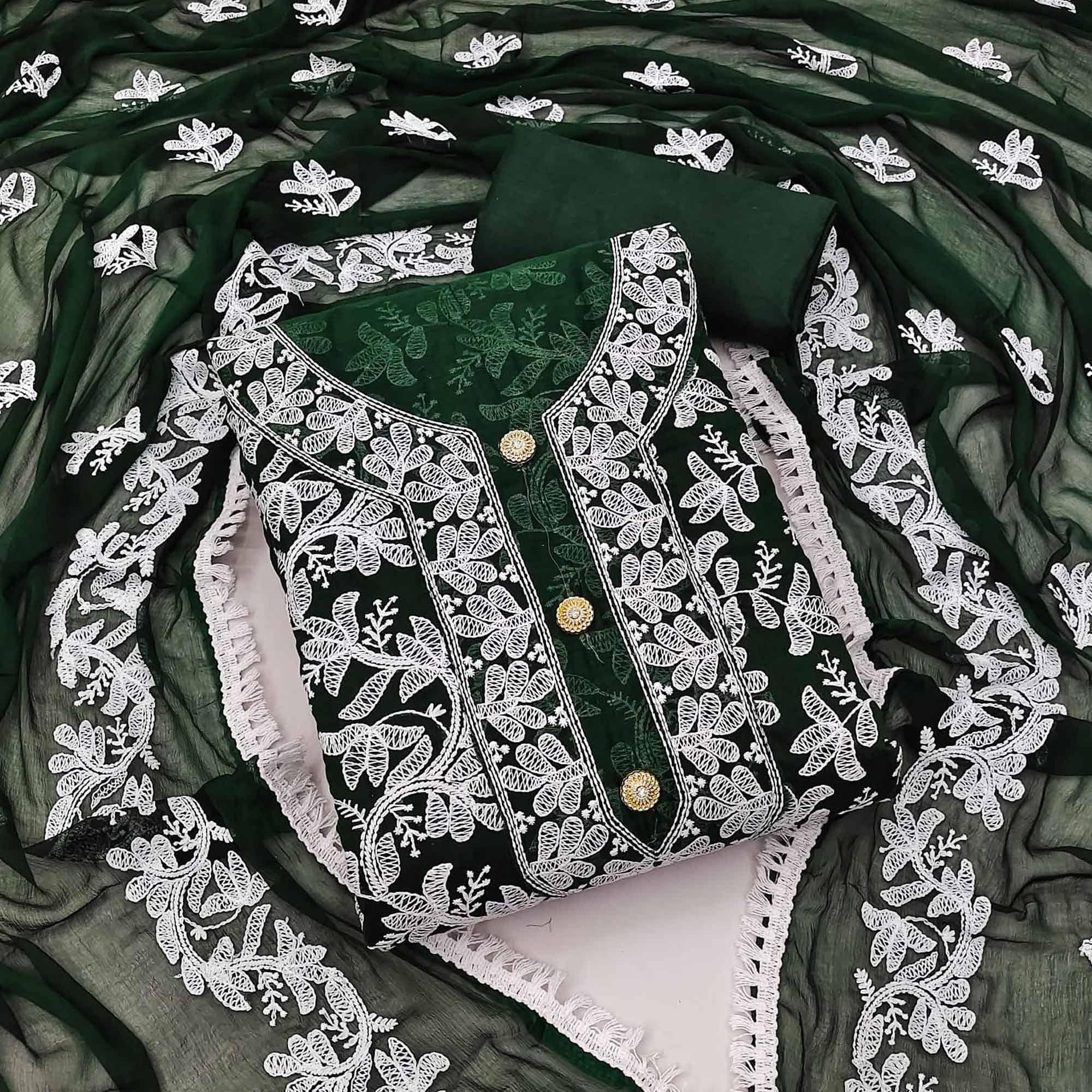 Bottle Green Lucknowi Embroidered Modal Dress Material